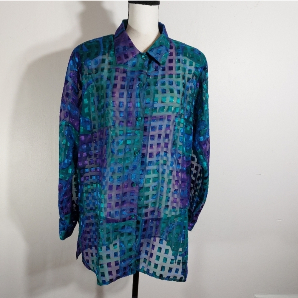 Vintage T Marie Sissies Blue Green Purple Sheer Iridiscent Blouse Size 16